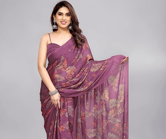 MIRCHI FASHION Saree for Woman Chiffon Leaf Printed Sari with Blouse Piece