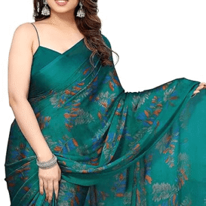 Woman-Chiffon-Leaf-Printed-Lightweight-Daily-Wear-Comfortable-Sari-with-Blouse-Piece