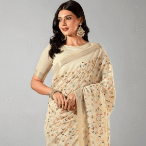 Women's Cotton Linen Embroidery Saree with Blouse Piece