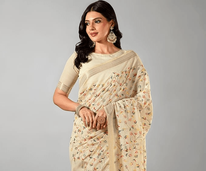 Women's Cotton Linen Embroidery Saree with Blouse Piece
