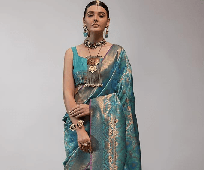 Womens Kanjivaram Silk Saree with Zari Woven Saree With Blouse Piece